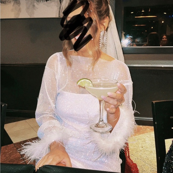 SPARKLY RHINESTONE FEATHER SLEEVE LONG SLEEVE SHEER MINI DRESS - WHITE - Picture 4 of 4